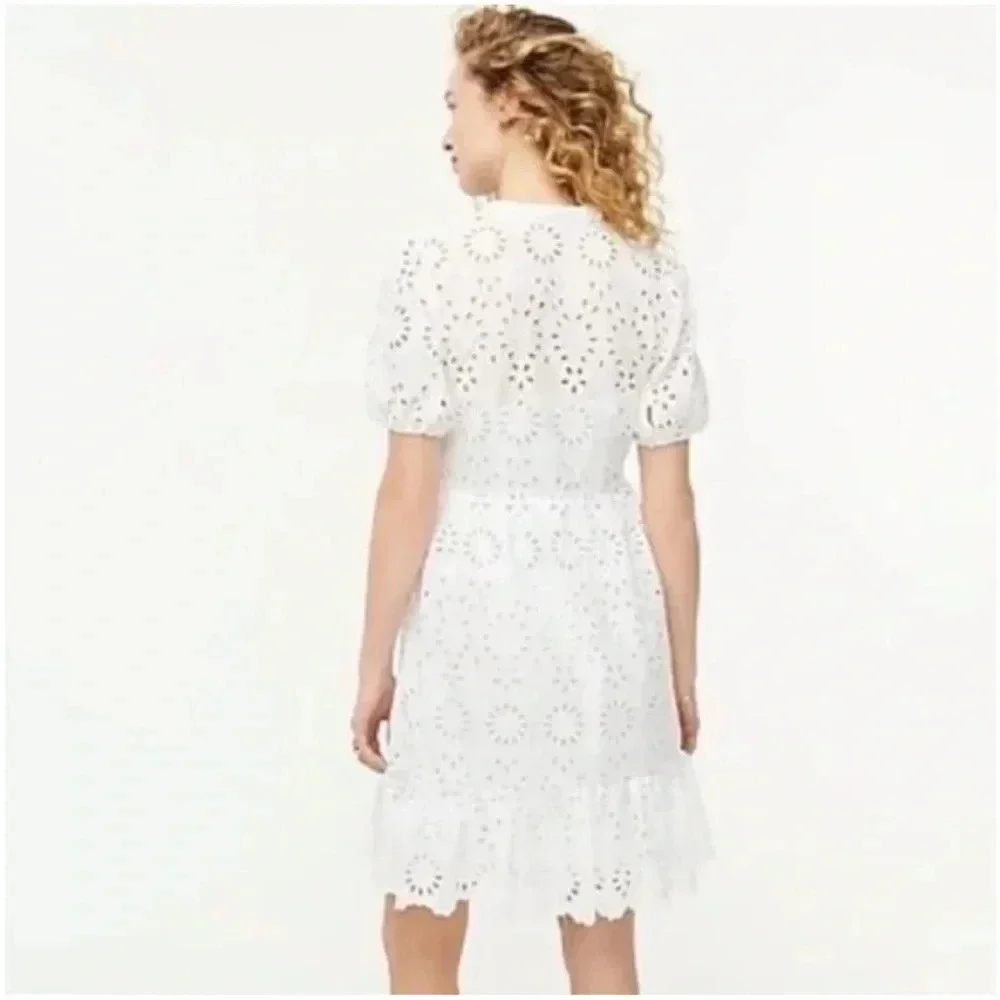 J. CREW Tiered Skirt Pop Over Shirt Dress White Eyelet Casual Women’s 8